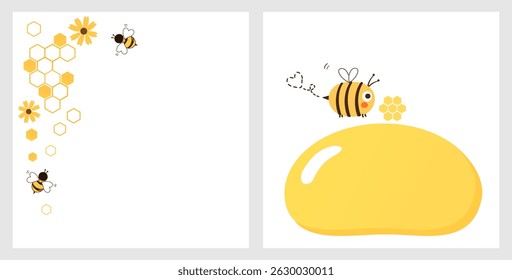 Honey signs with hexagon grid cells, bee cartoons and honey drop sign isolated on white backgrounds vector.