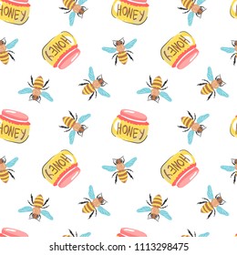 Honey simple sketh drawn by hand seamless pattern in cartoon style with bee, honey jar. For wallpapers, web background, textile, wrapping, fabric, baby design