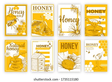 Juego de afiches planos de sketch de miel. Diseño de folletos con abejas, colección de ilustraciones vectoriales aisladas de honeycomb. Concepto de alimentos orgánicos y productos naturales