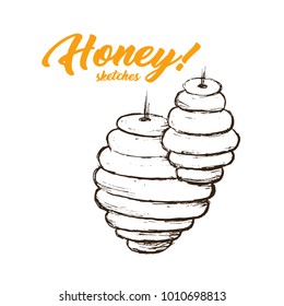 Honey Sketch Hive, Hand Drawn Superfood Organic Products Design, Vector Illustration. Black Outline Engraving Element. Vintage Isolated Vector Illustration