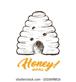 Honey Sketch Hive, Hand Drawn Superfood Organic Products Design, Vector Illustration. Black Outline Engraving Element. Vintage Isolated Vector Illustration
