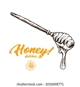Honey Sketch Spoon, Honey Hand Drawn Superfood Organic Products Design, Vector Illustration. Black Outline Engraving Elements.Vintage Isolated Vector Illustration
