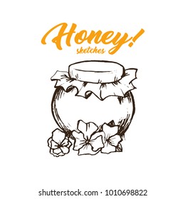 Honey Sketches Glass Bottle, Honey Hand Drawn Superfood Organic Products Design, Vector Illustration. Black Outline Engraving Elements.Vintage Isolated Vector Illustration