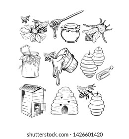 Honey Sketches Set, Bee Hive, Honey Jar, Barrel, Pot, Spoon and Flower Hand Drawn Organic Products for Logo. Black Outline Engraving Elements. Vintage Isolated Vector Illustration