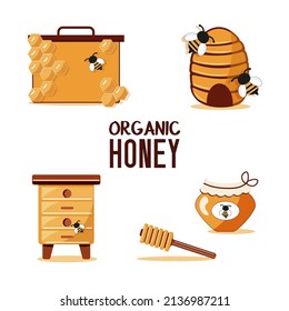 Honey sketches set, beehive, honey jar, different houses for beess, spoon hand drawn, vector. Honey isolated icon set