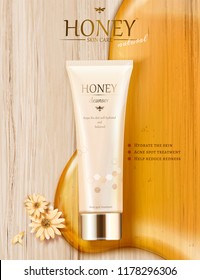 Honey skin care ads with golden color syrup and plastic tube in 3d illustration, flat lay