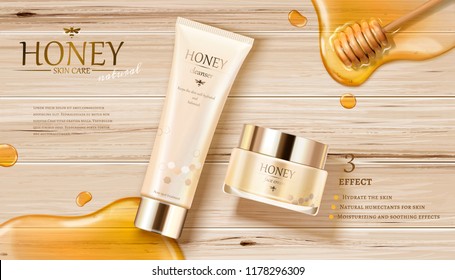 Honey skin care ads with golden color syrup and dipper on wooden table in 3d illustration, flat lay