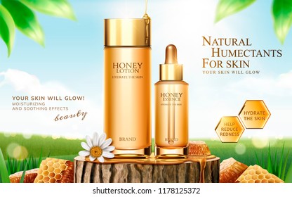 Honey skincare ads on cut tree trunk with honeycomb in 3d illustration, bokeh green field background