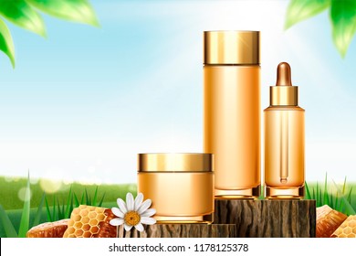 Honey skincare ads on cut tree trunk with honeycomb in 3d illustration, bokeh green field background