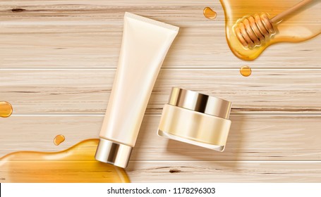 Honey skincare containers with honey puddle and dipper on wooden grain table, 3d illustration flat lay