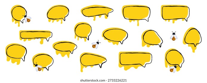 Burbuja de discurso de miel emergente. Comunicación en conjunto, forma conversacional en forma de un punto de miel pegajosa y líquida y líneas curvas de doodle. Marcos de mensajes de diálogo, nube de chat, marco de Vector.