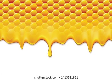 Honey splash dripping from bee honeycomb. Natural fresh eco product.