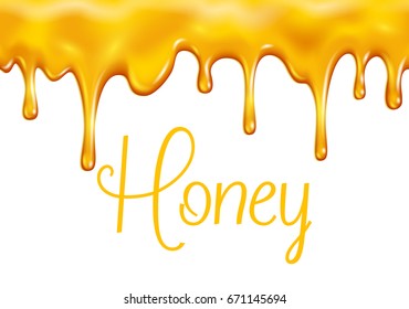 Honey splash dripping sweet drops from bee honeycomb poster for beekeeping honey shop or bakery. Vector design of dropping honey syrup for desserts or cafeteria and patisserie cakes and cookies