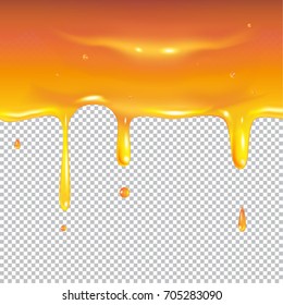 Honey splash dripping, sweet drops from bee honeycomb. Poster for advertising beekeeping honey shop or bakery with place for text. Vector realistic illustration of dropping honey syrup, sweet desserts