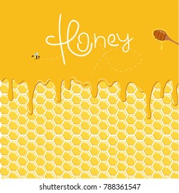 Honey splash dripping sweet drops from bee honeycomb poster for beekeeping honey honey shop or bakery. Vector design of dropping honey syrup for desserts or cafeteria and patisserie cakes and cookies