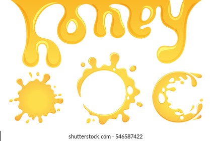 Honey splash letter and blot set. Sweet splashing vector label with word. Mead pouring vector illustration. Apiary product. Honeyed font. Candied logo or packing design. Bee garden food