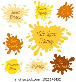 Honey splash set of labels. Splashes and drops collection. Vector illustration