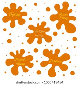 Honey splash set of labels. Splashes and drops collection. Vector illustration