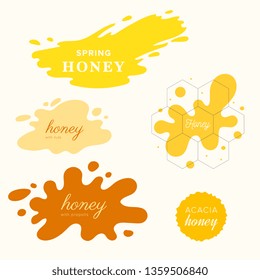 Honey splash set of labels. Splashes and drops collection. Vector illustration