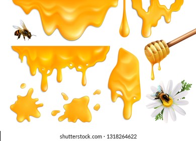 Honey splatters and bees colorful set isolated on white background realistic vector illustration