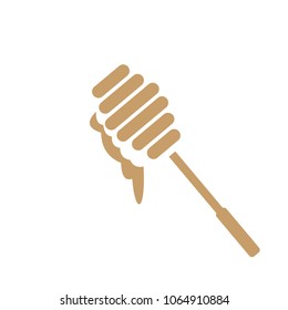Honey Spoon Dipper Icon. Honey dipper stick with dripping honey icon isolated on white background. Honey ladle. Flat design. 