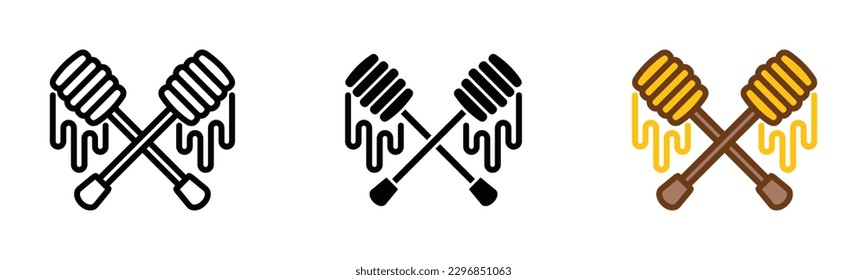 Honey spoon dipper icon vector set. Crossed of spoons with dripping honey icon symbol in line, flat, and color style. Vector illustration