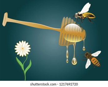 Honey spoon - flowing drops, bees - vector. Natural product concept