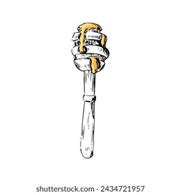 Honey in spoon hand drawn sketch in color. Vector illustration can used for wrapping paper, label, poster, cards. Engraved or ink vector honey illustrations. 