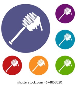 Honey spoon icons set in flat circle reb, blue and green color for web