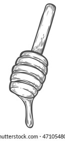 Honey spoon vintage. Engraved organic food hand drawn sketch illustration. Black isolated on white background.