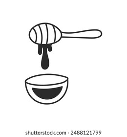 Honey Stick with bowl doodle line icon. Outline isolated vector illustration with sweet liquid flowing dessert.