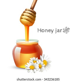 Honey stick daisy flower and jar realistic set vector illustration