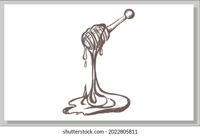 Honey stick, hand drawn drawing. Pencil graphics.Honey dripping from Honey dipper.