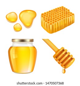 Honey. Sticky gold honey splashes and jar melting vector realistic collection. Honey natural, pot glass, honeycomb and jar illustration