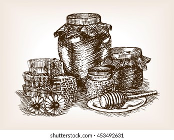 Honey still life sketch style vector illustration. Old hand drawn engraving imitation.