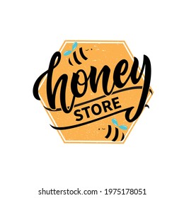 Honey store logotype with handwritten text. Modern brush calligraphy, hand lettering. Vector design for honeyshop, farm, market, store as logo, icon, sticker, emblem template. Honeybee and honeycomb.