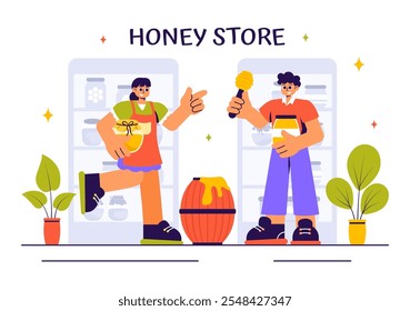 Ilustración vectorial de la tienda de miel con Productos naturales como tarros de miel, abejas y panales para el consumo en un fondo de estilo plano