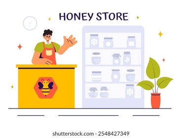 Ilustración vectorial de la tienda de miel con Productos naturales como tarros de miel, abejas y panales para el consumo en un fondo de estilo plano