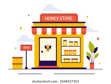 Ilustración vectorial de la tienda de miel con Productos naturales como tarros de miel, abejas y panales para el consumo en un fondo de estilo plano