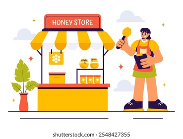 Ilustración vectorial de la tienda de miel con Productos naturales como tarros de miel, abejas y panales para el consumo en un fondo de estilo plano