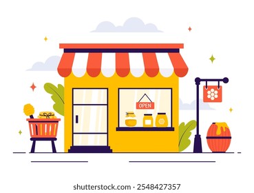 Ilustración vectorial de la tienda de miel con Productos naturales como tarros de miel, abejas y panales para el consumo en un fondo de estilo plano