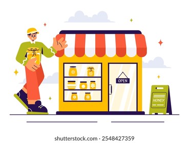 Ilustración vectorial de la tienda de miel con Productos naturales como tarros de miel, abejas y panales para el consumo en un fondo de estilo plano