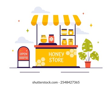 Ilustración vectorial de la tienda de miel con Productos naturales como tarros de miel, abejas y panales para el consumo en un fondo de estilo plano