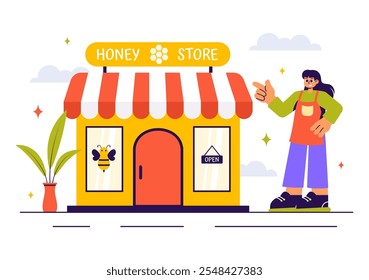 Ilustración vectorial de la tienda de miel con Productos naturales como tarros de miel, abejas y panales para el consumo en un fondo de estilo plano