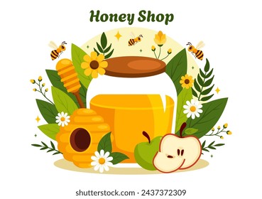 Honey Store Vector Illustration with a Natural Useful Product Jar, Bee or Honeycombs to be Consumed in Flat Cartoon Background Design