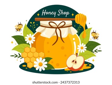 Honey Store Vector Illustration with a Natural Useful Product Jar, Bee or Honeycombs to be Consumed in Flat Cartoon Background Design