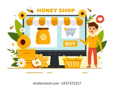 Honey Store Vector Illustration with a Natural Useful Product Jar, Bee or Honeycombs to be Consumed in Flat Cartoon Background Design