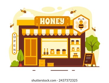 Honey Store Vector Illustration with a Natural Useful Product Jar, Bee or Honeycombs to be Consumed in Flat Cartoon Background Design