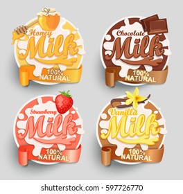 Honey, strawberry, vanilla and chocolate milk Label Template. Vector illustration.