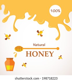 Honey streams, jar and bees  isolated on white 